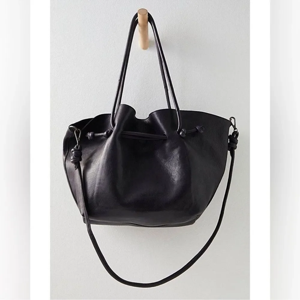 Free People Black Leather Drawstring Head Over Heels Tote